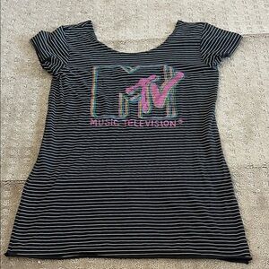Junk Food Clothing Black and White Striped Tee MTV Music Television Large